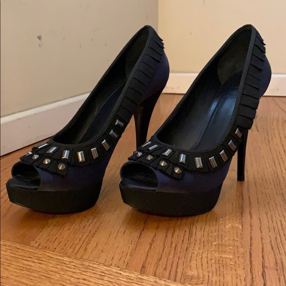 Tory Burch Erinn navy blue satin peep-toe pumps